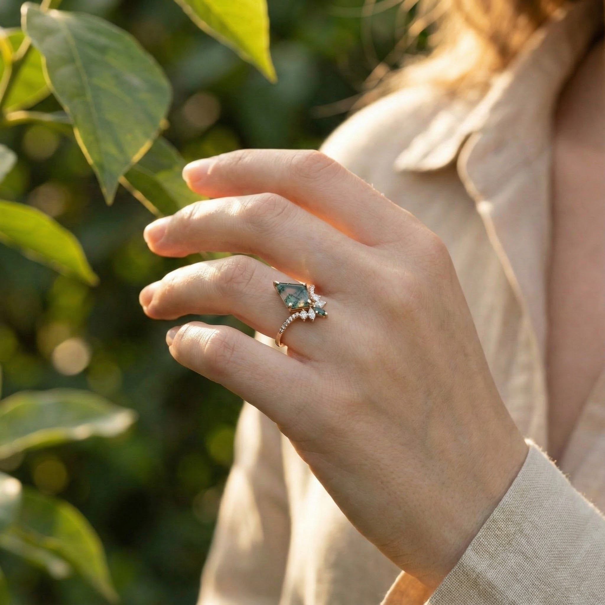 Kite Moss Agate with Moissanite/Diamond Gold Ring, Nature-Inspired Design