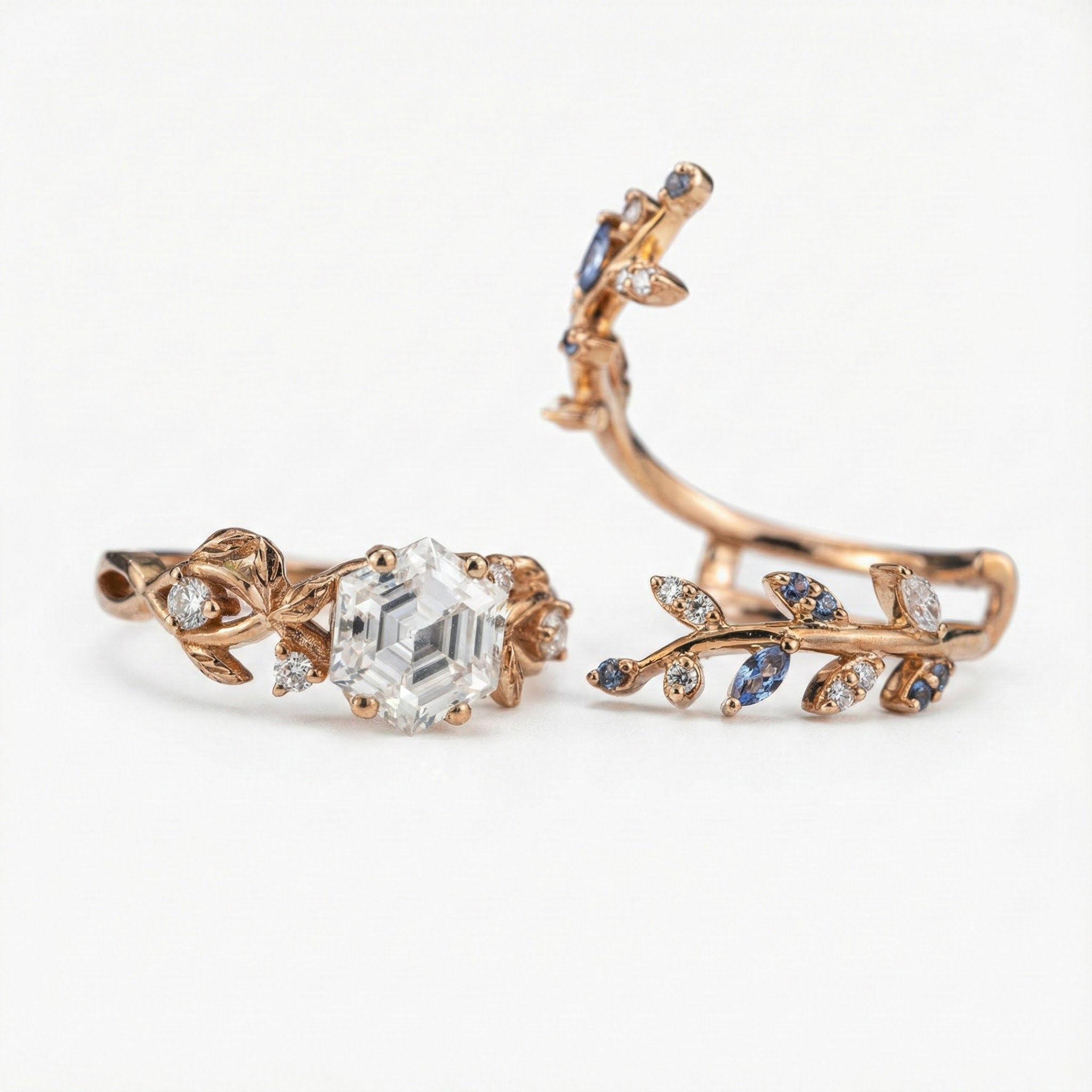 Hexagon Moissanite Engagement Ring Set With Sapphire