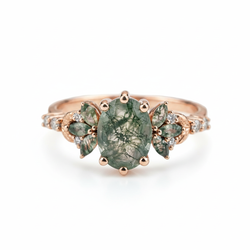 Oval Moss Agate Ring with Moissanite Nature-Inspired Design