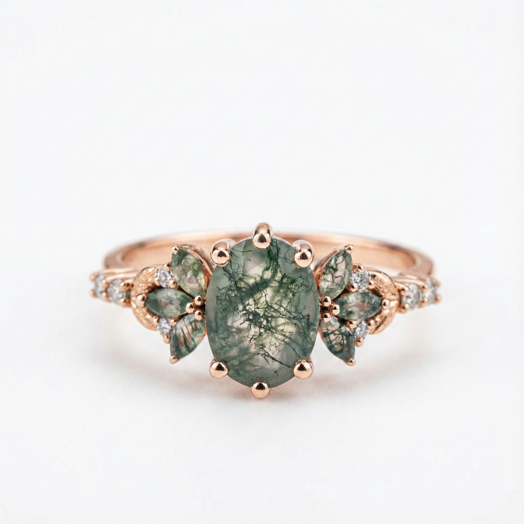 Oval Moss Agate Ring with Moissanite Nature-Inspired Design