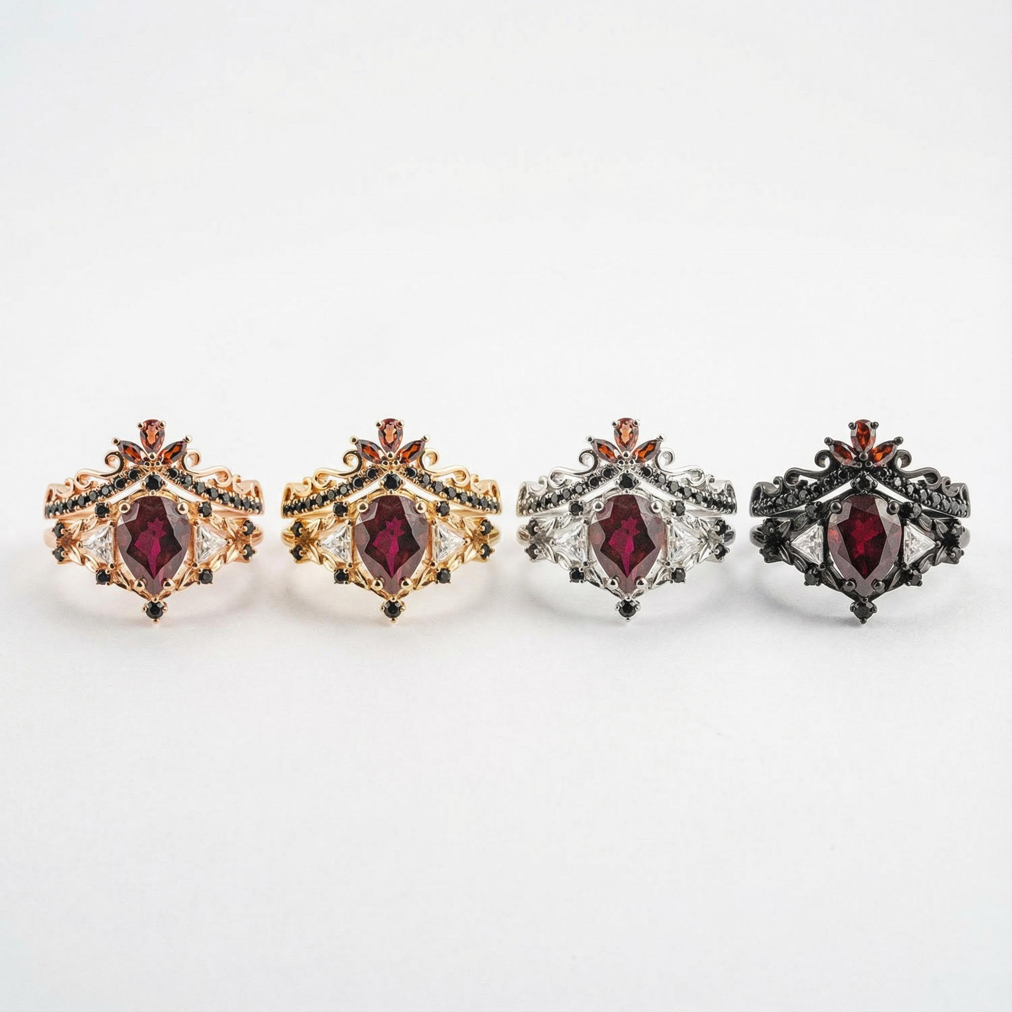 Three-Stone Unique Pear Shaped Garnet Rose Gold Ring Set with Moissanite&Black Onyx Engagement Ring Set
