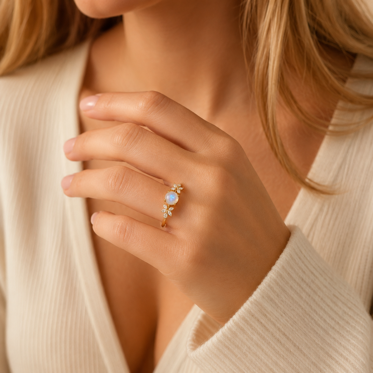Moonstone floral gold ring with moissanite accents worn by female model