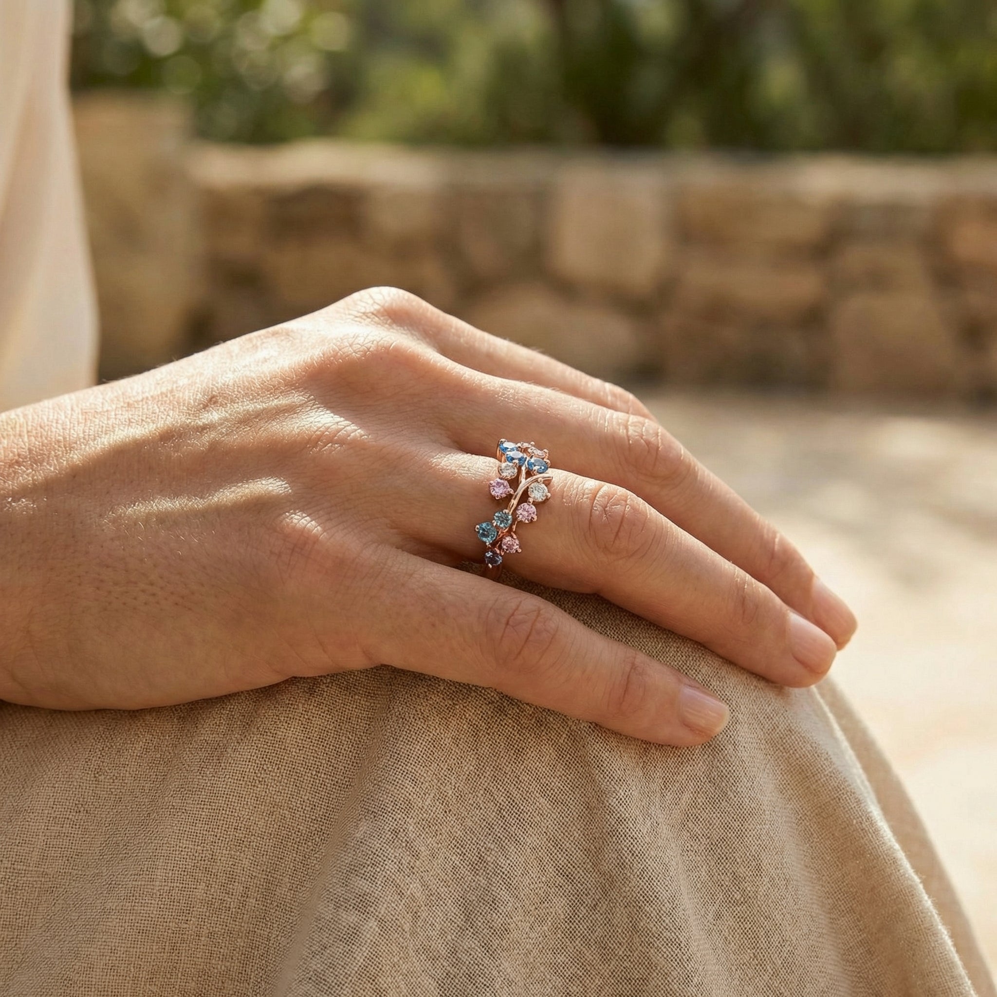 Colorful Gemstone Fantasy Engagement Ring With Moissanite.