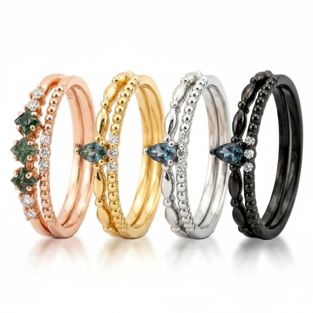 Lifestyle view of Moss Agate Couple Ring Set in Gold