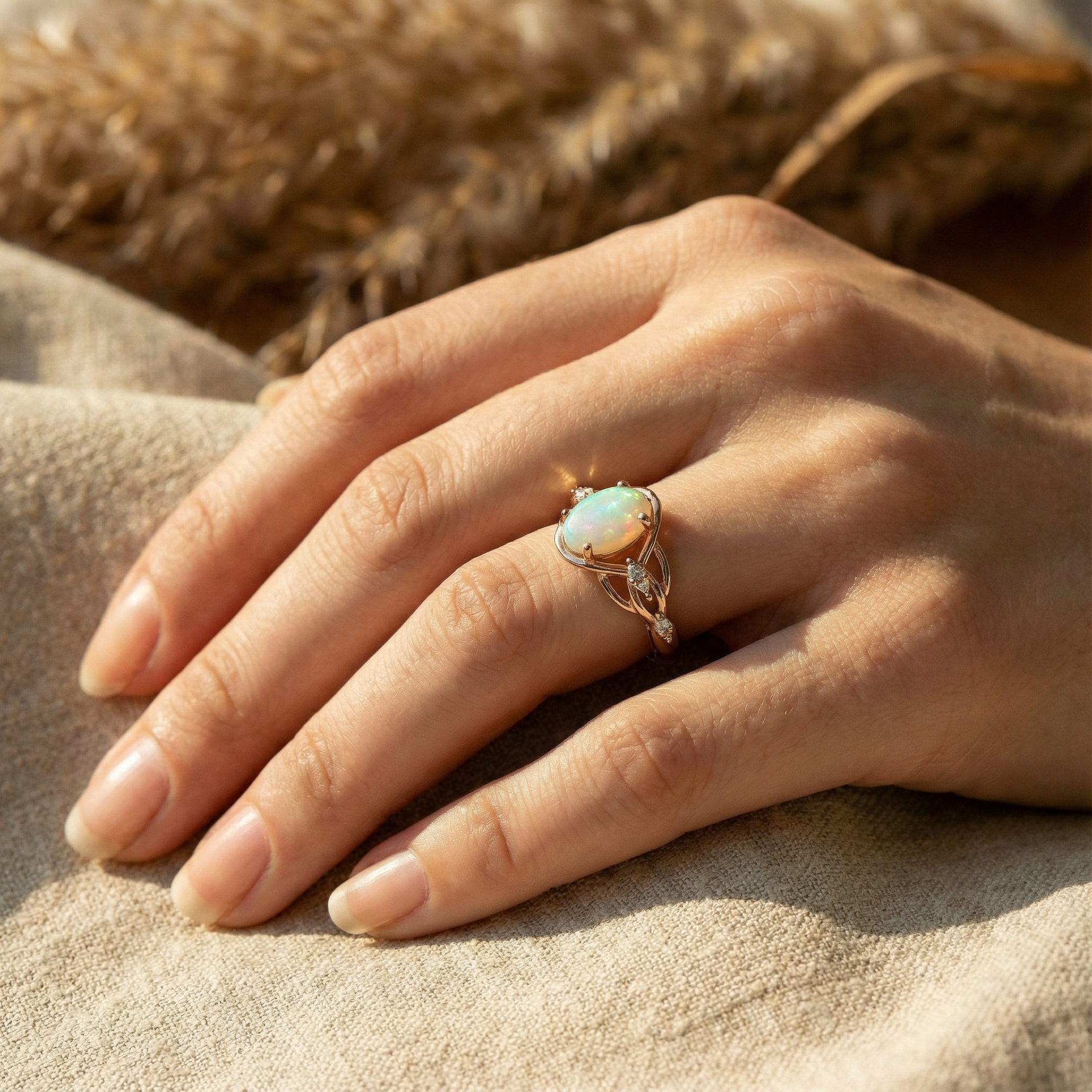 Oval Natural Opal With Moissanite Exquisite Engagement Ring Art Deco Opal Engagement Ring