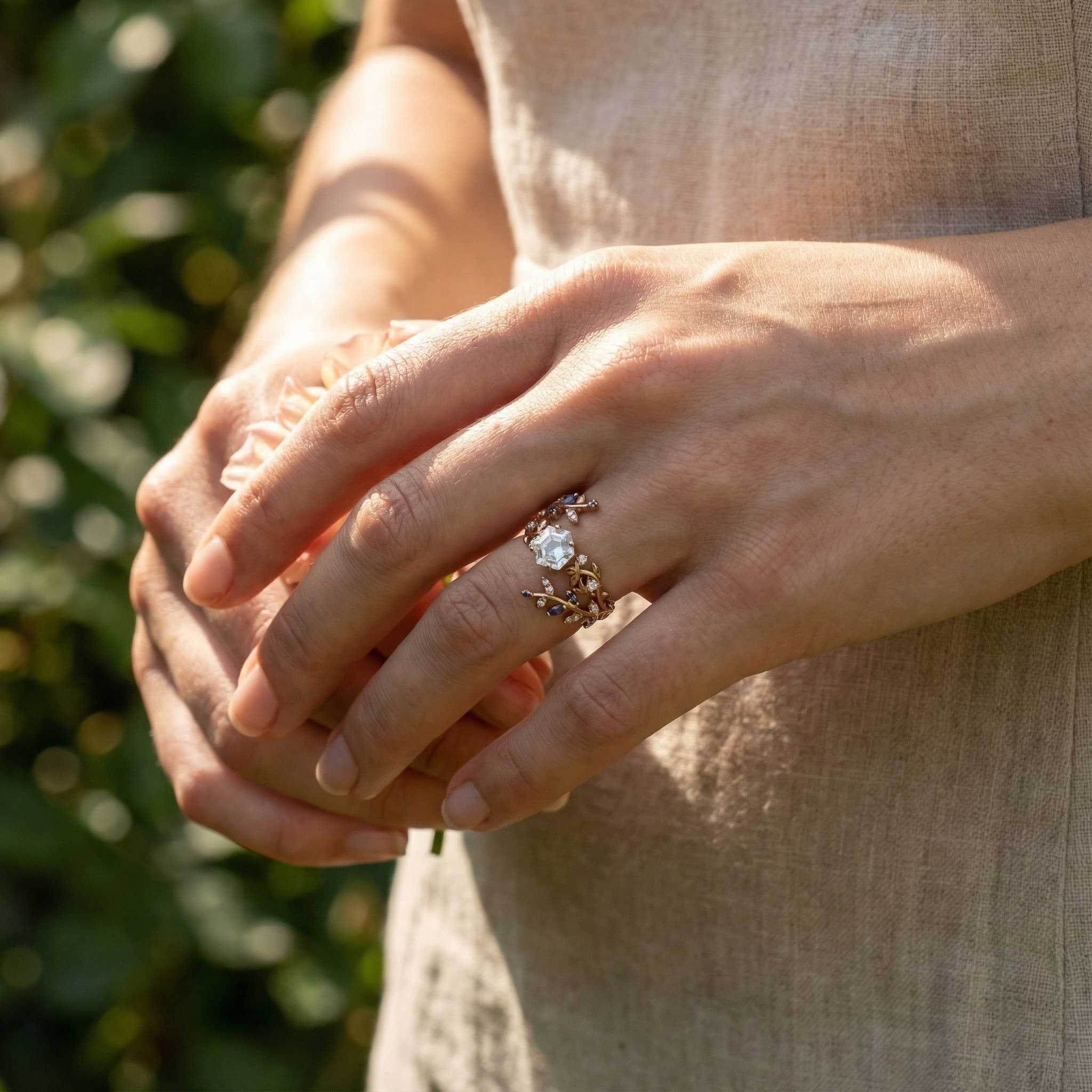 Hexagon Moissanite Engagement Ring Set With Sapphire