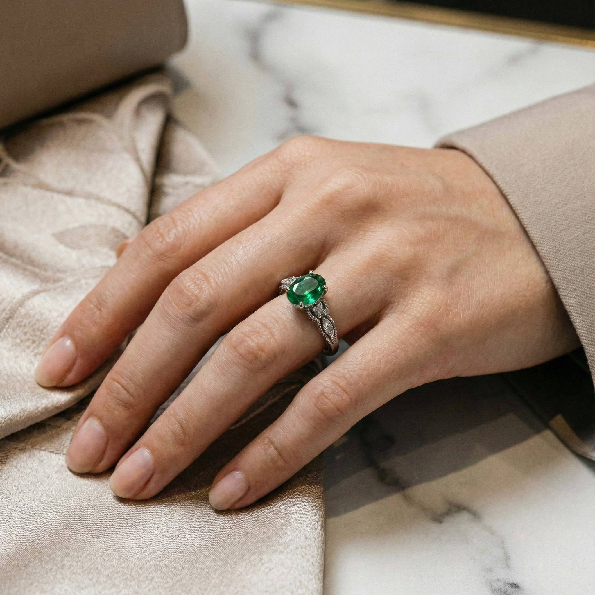 Shimmering Oval Emerald Ring in White Gold - Luxury Jewelry