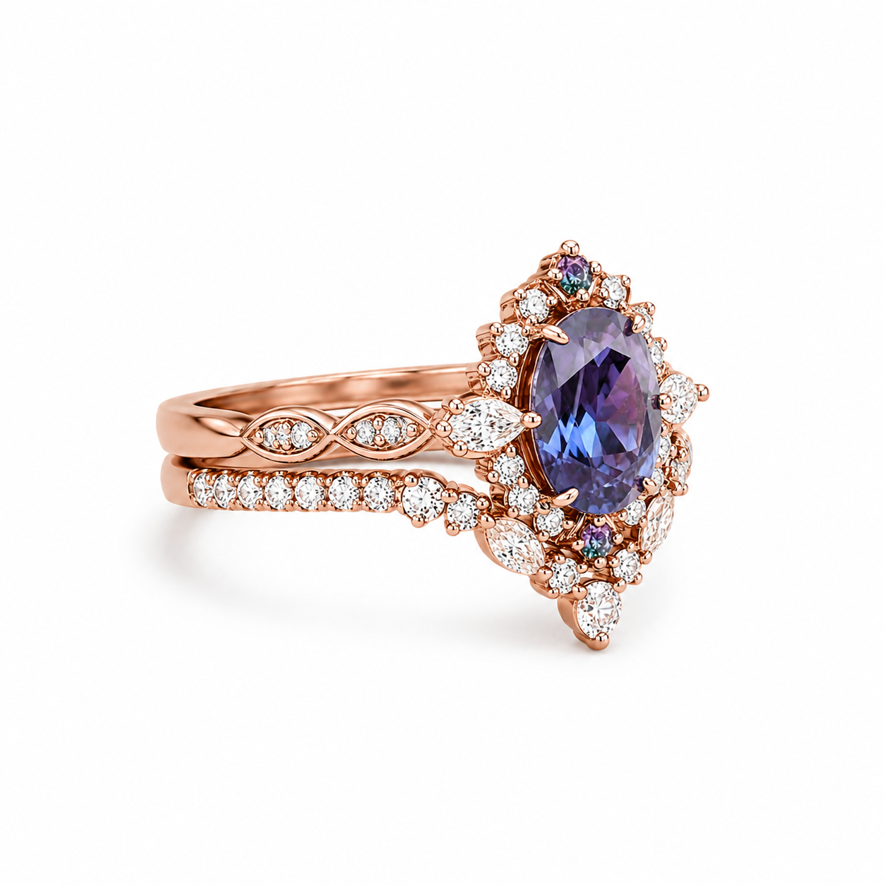 Side view of vintage lab alexandrite halo engagement ring set in rose gold