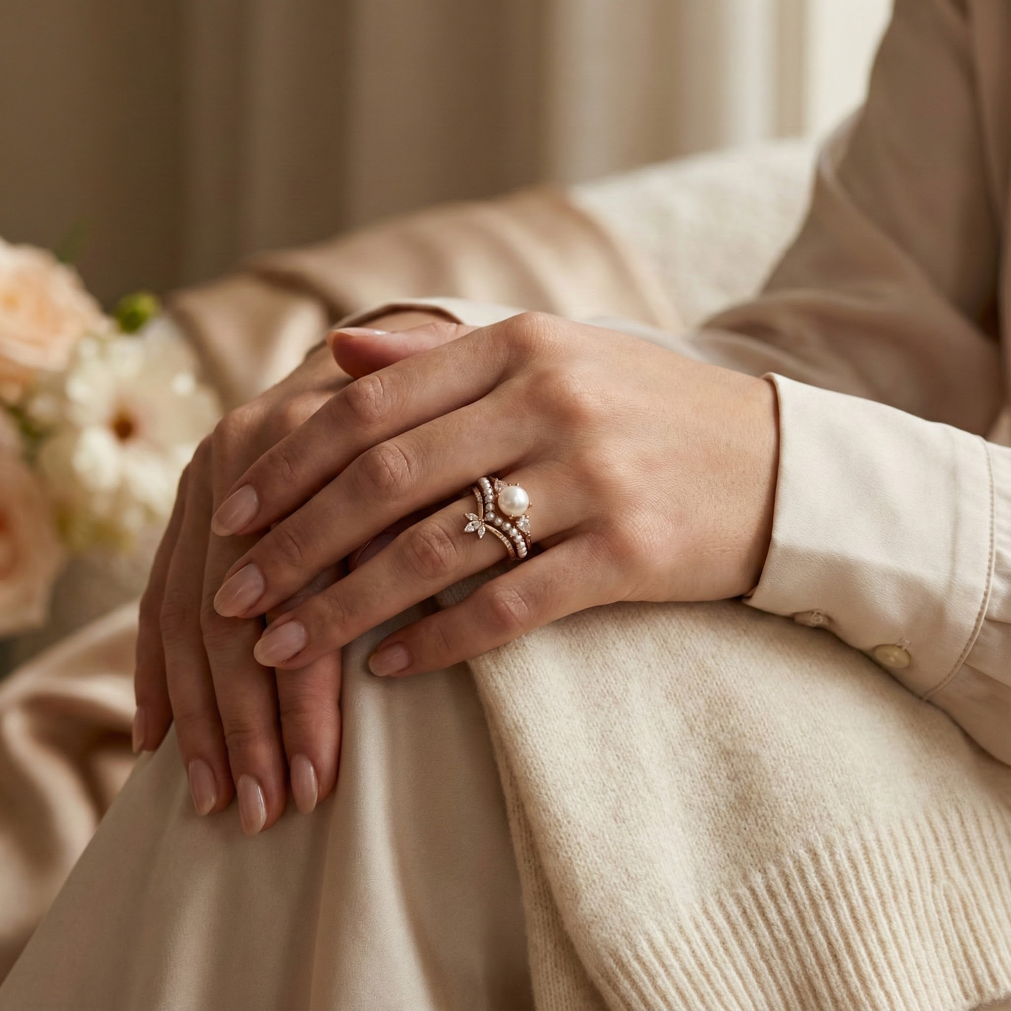 Unique Pearl Ring with Moissanite Rose Gold Engagement Ring Set Pearl Engagement Ring Set