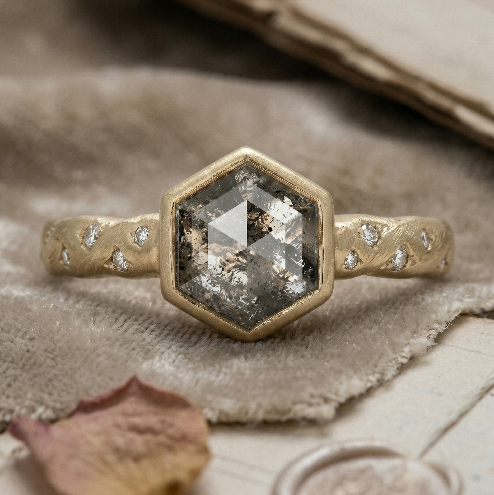 2ct Hexagon Salt and Pepper Diamond Textured Gold Ring