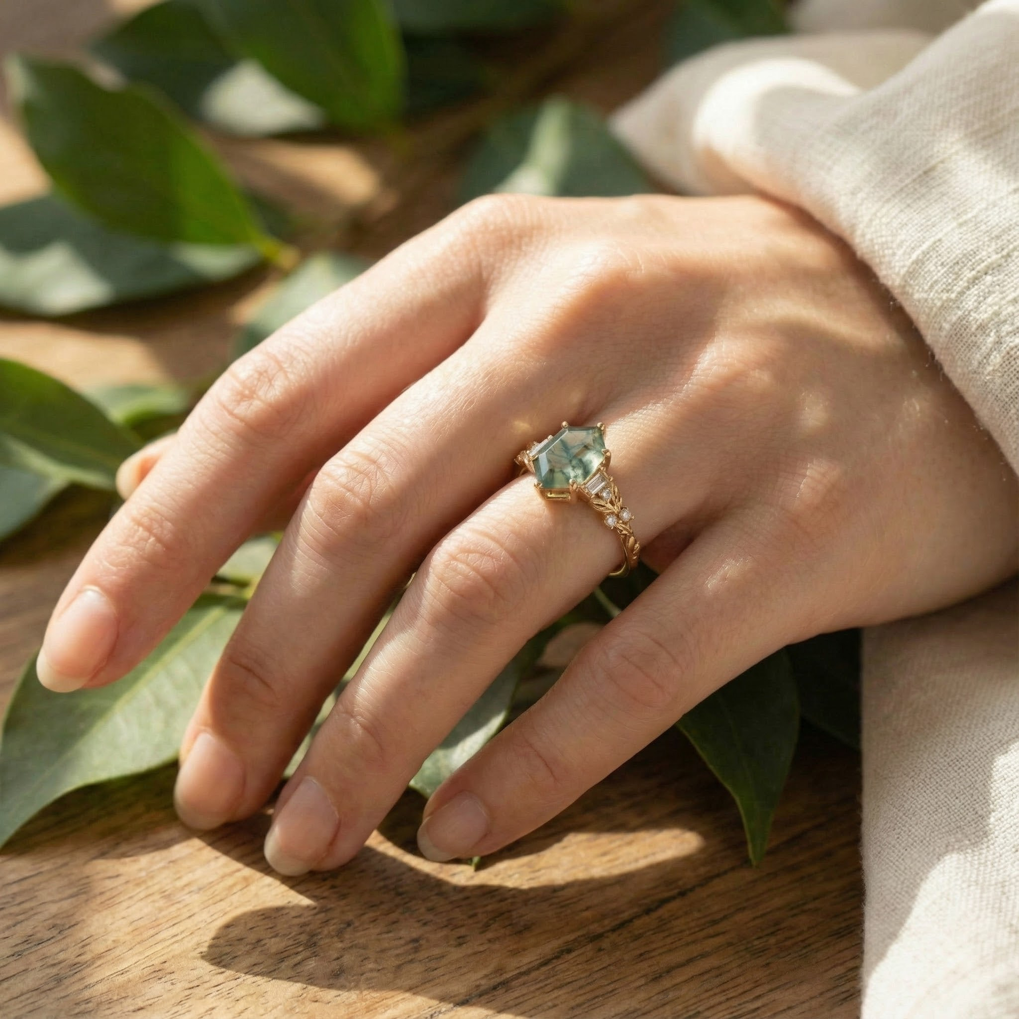 Hexagon Cut Moss Agate Engagement Ring Leaf Engagement Ring Vintage Match Ring
