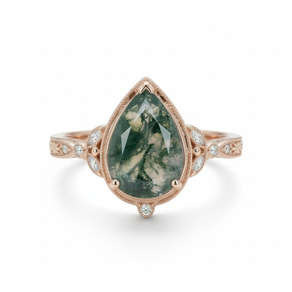 Front view of Pear Moss Agate Engagement Ring in Rose Gold