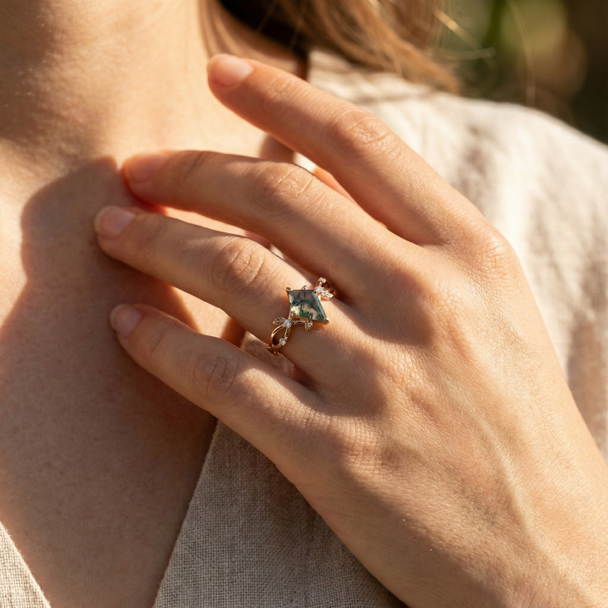 Botanical Elegance - Kite Moss Agate Engagement Ring Leaf Match Ring Rose Gold 