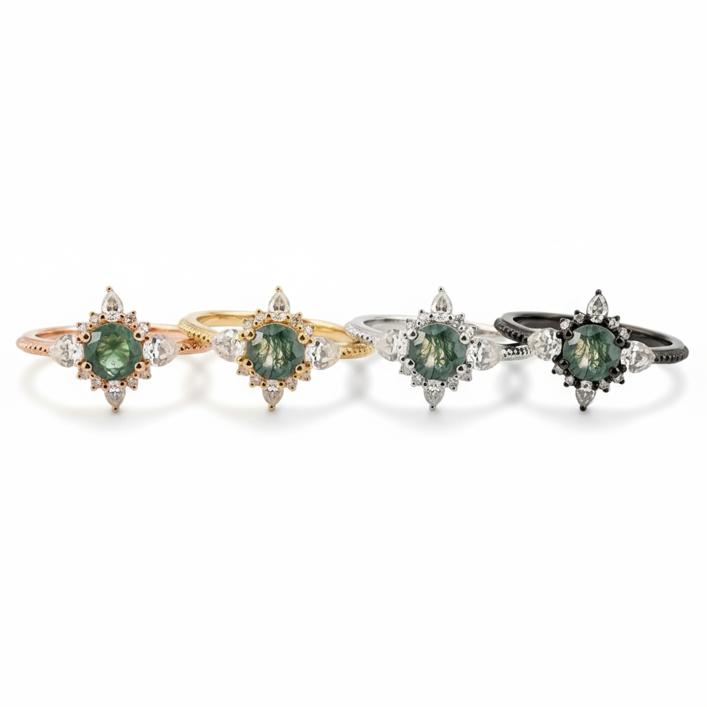 Lifestyle view of Moss Agate Ring in Gold