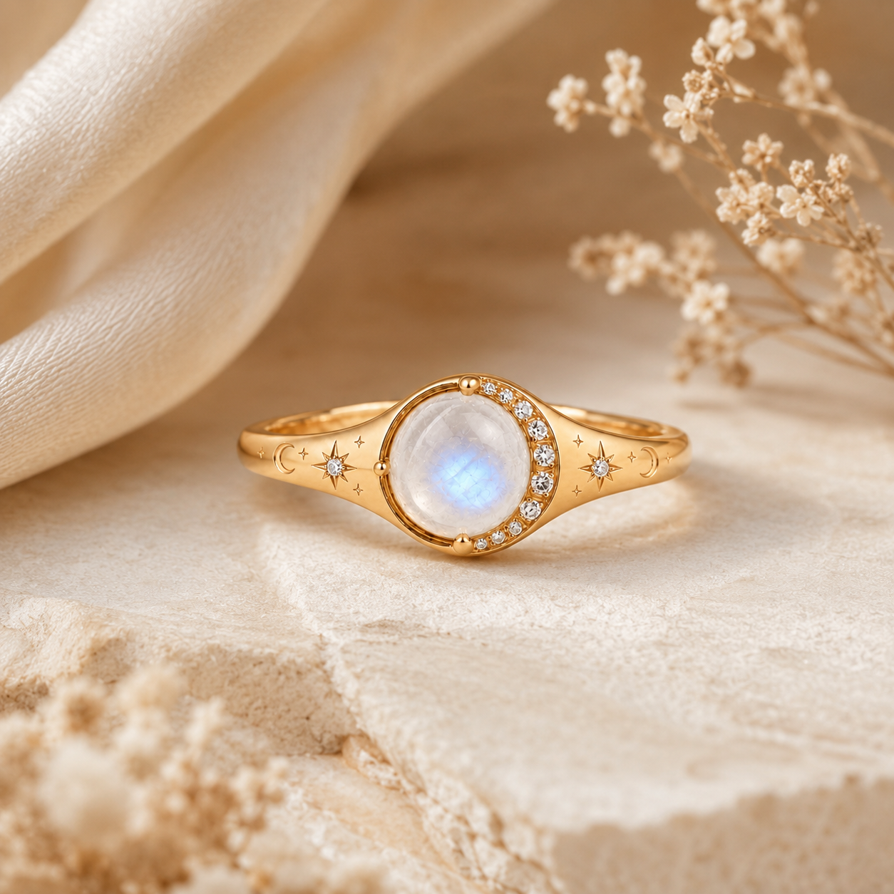 Celestial gold moonstone ring with 6mm round moonstone, moissanite crescent halo, and engraved star moon band