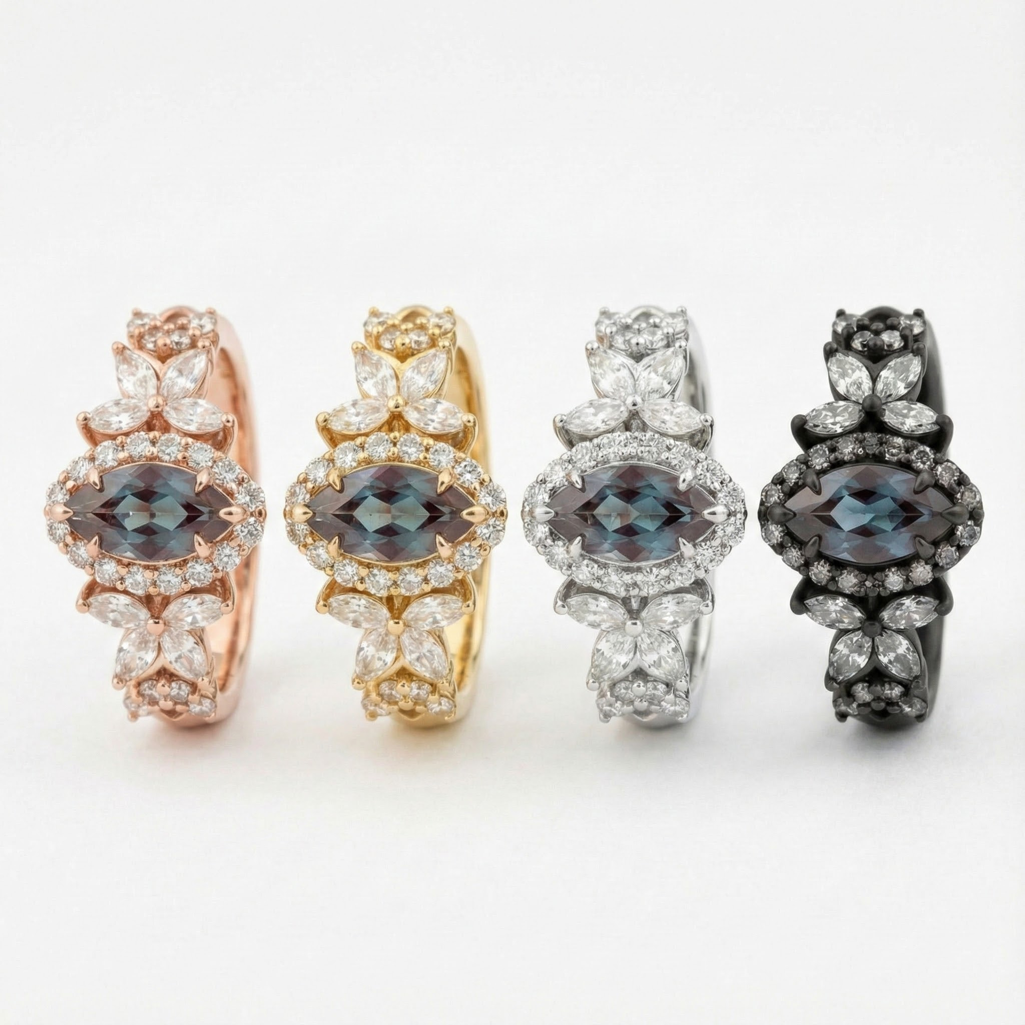 Luxurious Marquise Lab Alexandrite with Moissanite Gold Ring