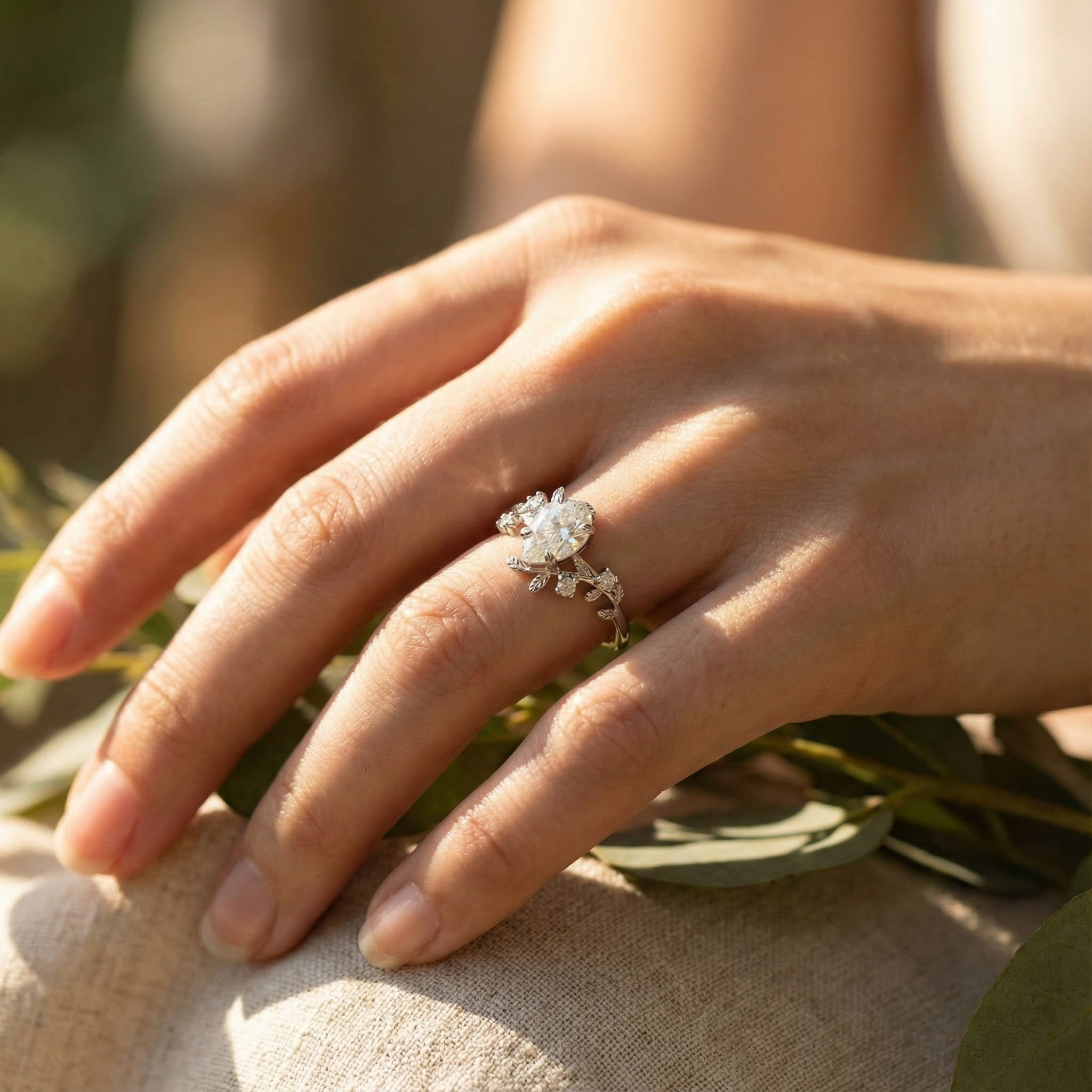 White Gold Pear Moissanite Ring crafted in nature inspired setting for unique and stylish appeal