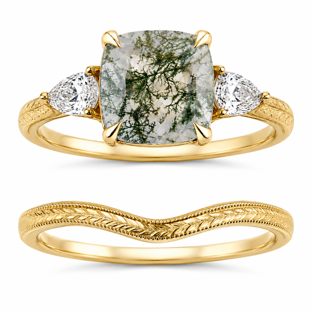 Unique alternative engagement ring with natural moss agate