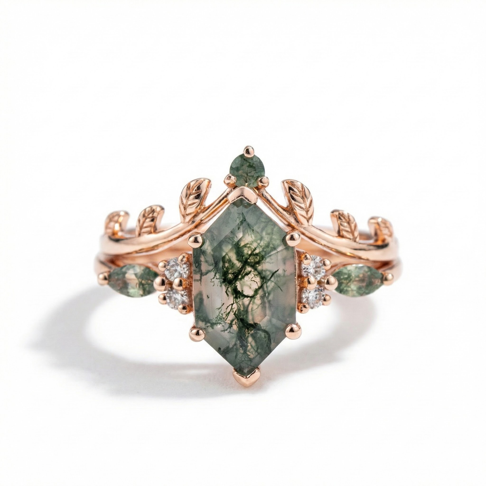 Nature-inspired Moss Agate Ring Set enhancing beauty with its long hexagonal design