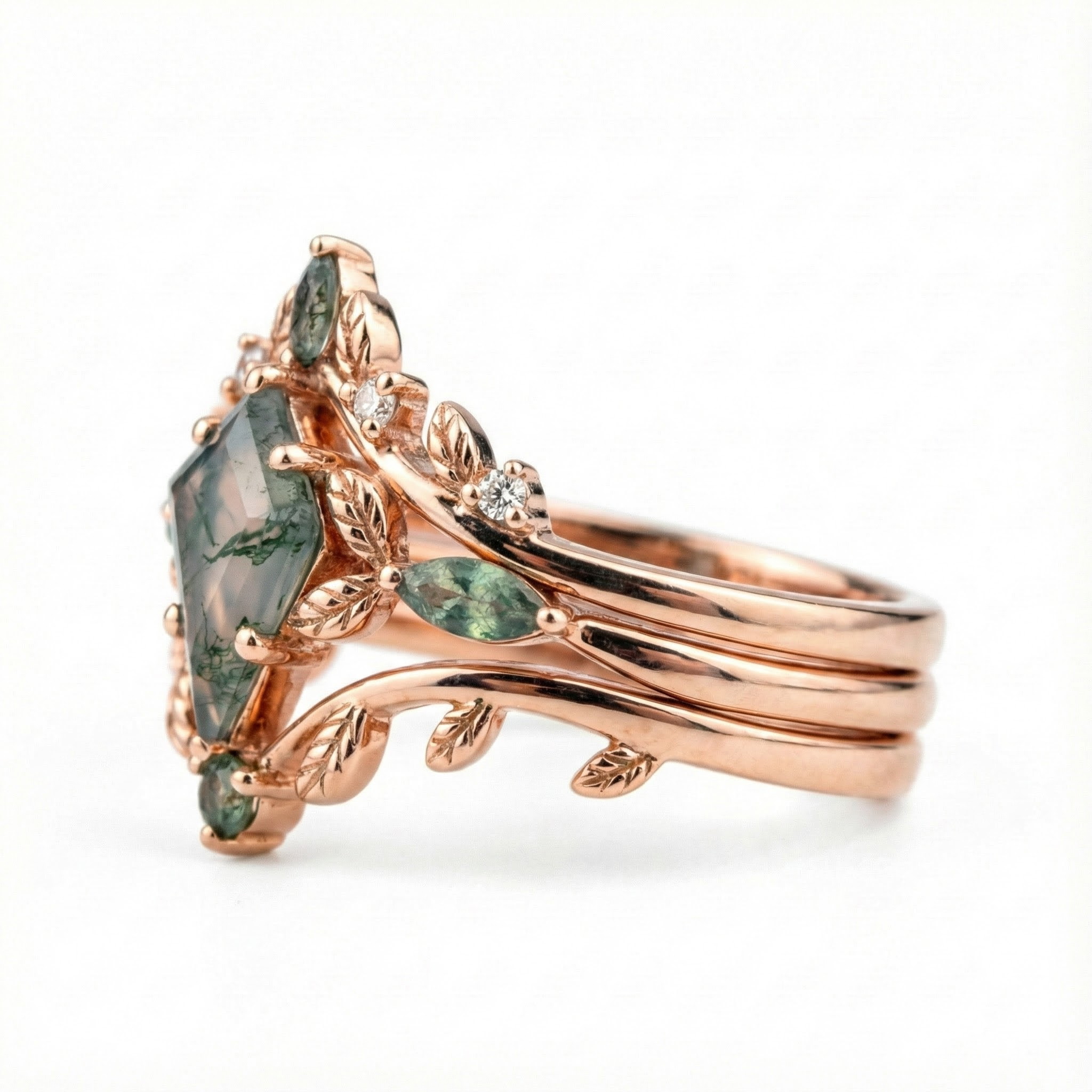 Kite Moss Agate With Moissanite/Diamond Engagement Wedding Ring Set