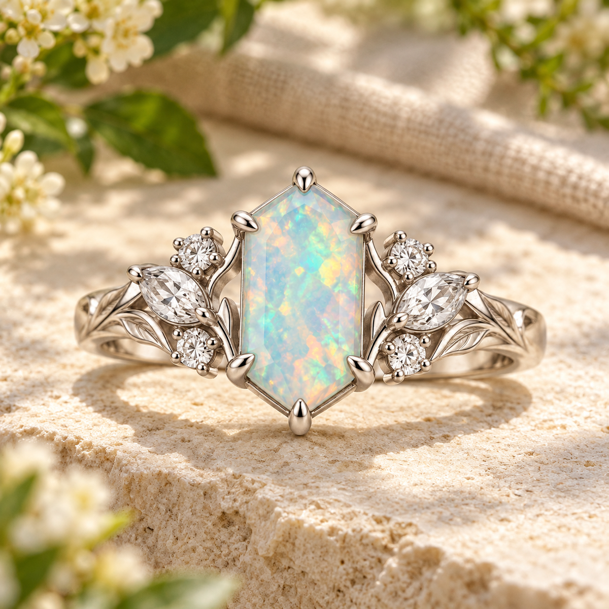 Elongated hexagonal opal engagement ring with colorful iridescent gemstone