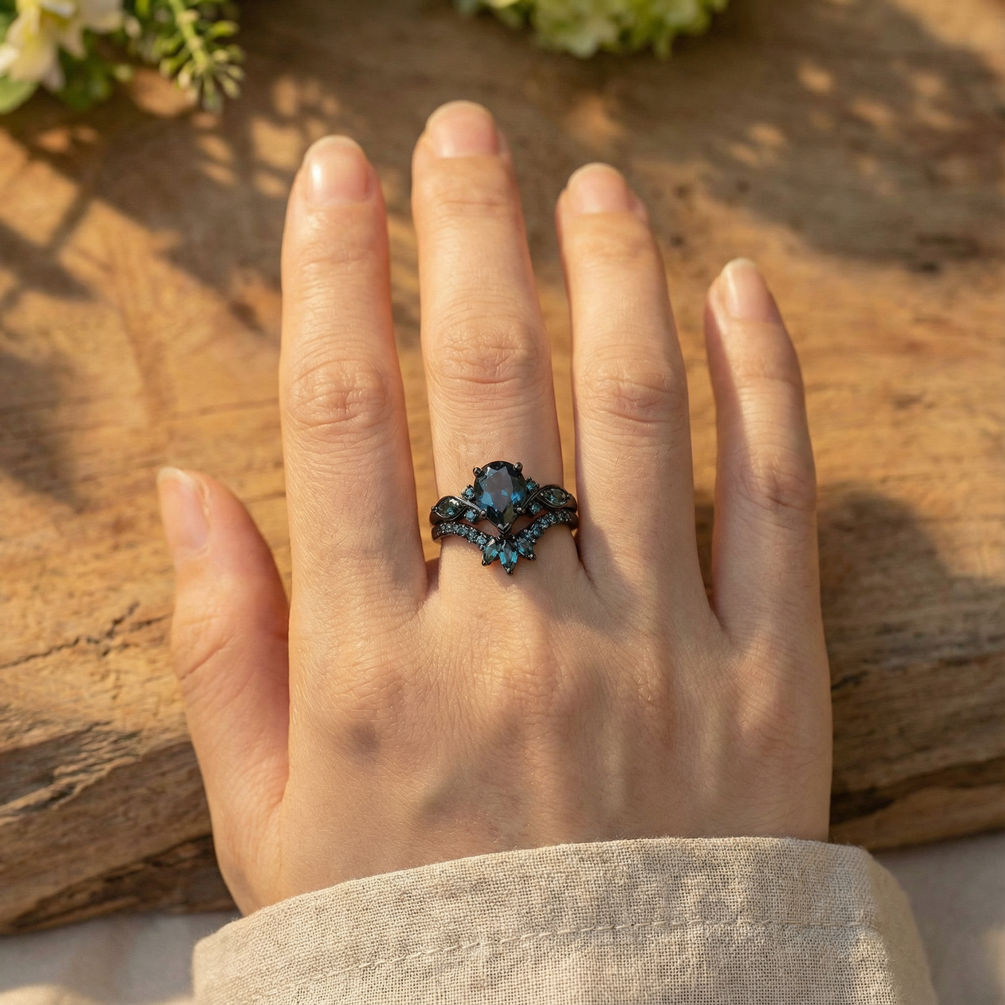 Pear Cut Lab Alexandrite Black Gold Unique Ring Set Black Gold Engagement Ring