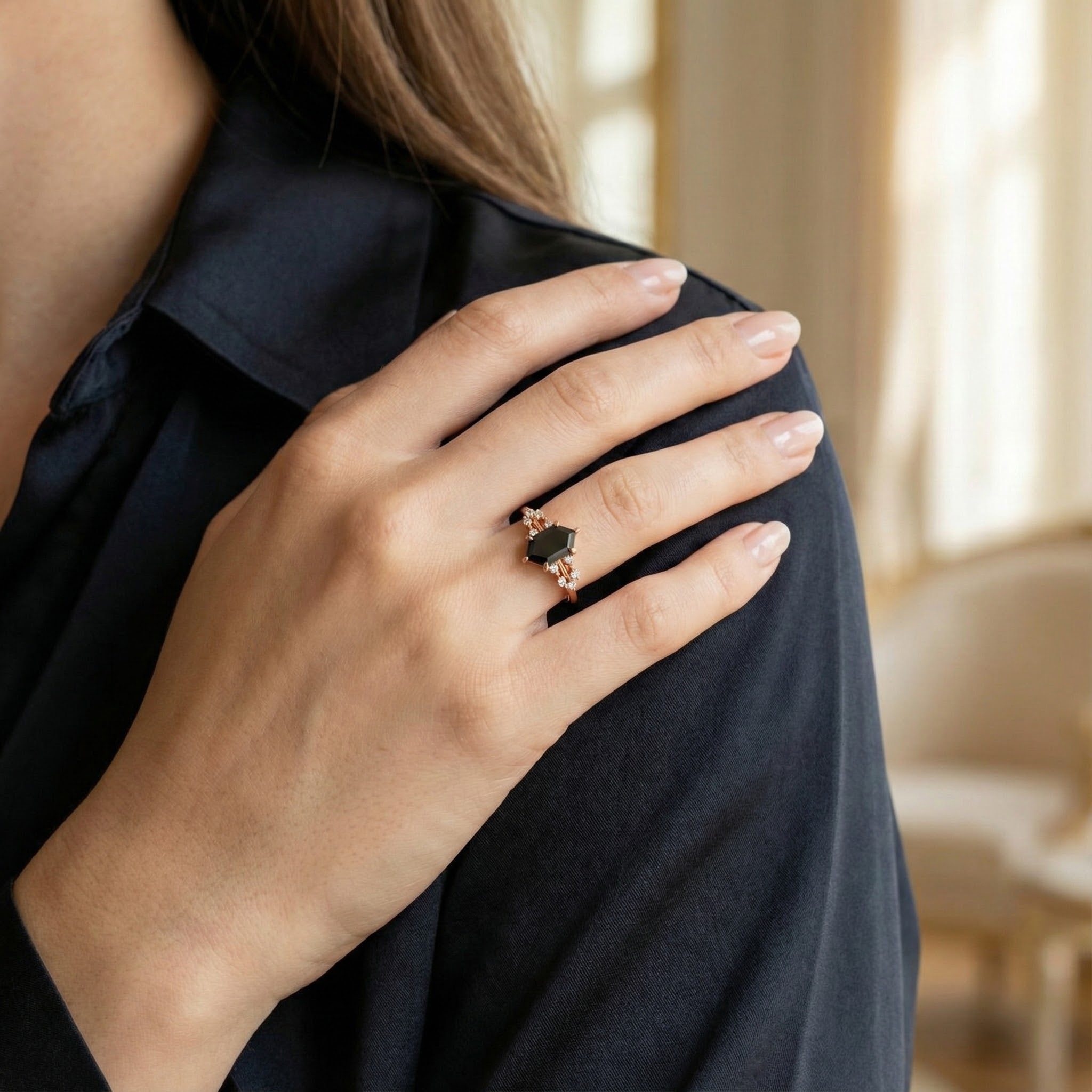 Stunning hexagon black onyx ring for modern engagement with moissanite accent