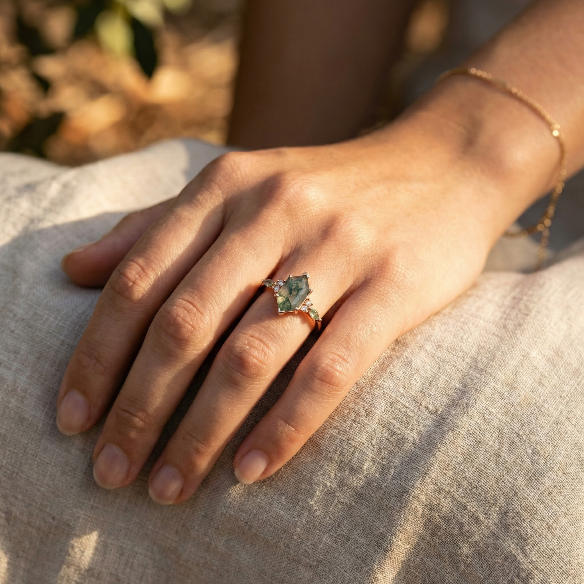 Unique Ring with Hexagonal Moss Agate stone - Statement accessory for any occasion
