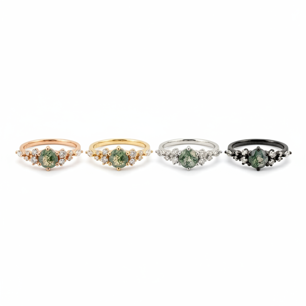 Lifestyle view of Round Moss Agate Ring in Gold