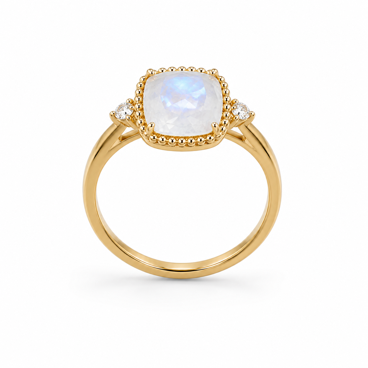 Upright cushion moonstone gold ring with beaded setting and side moissanite stones