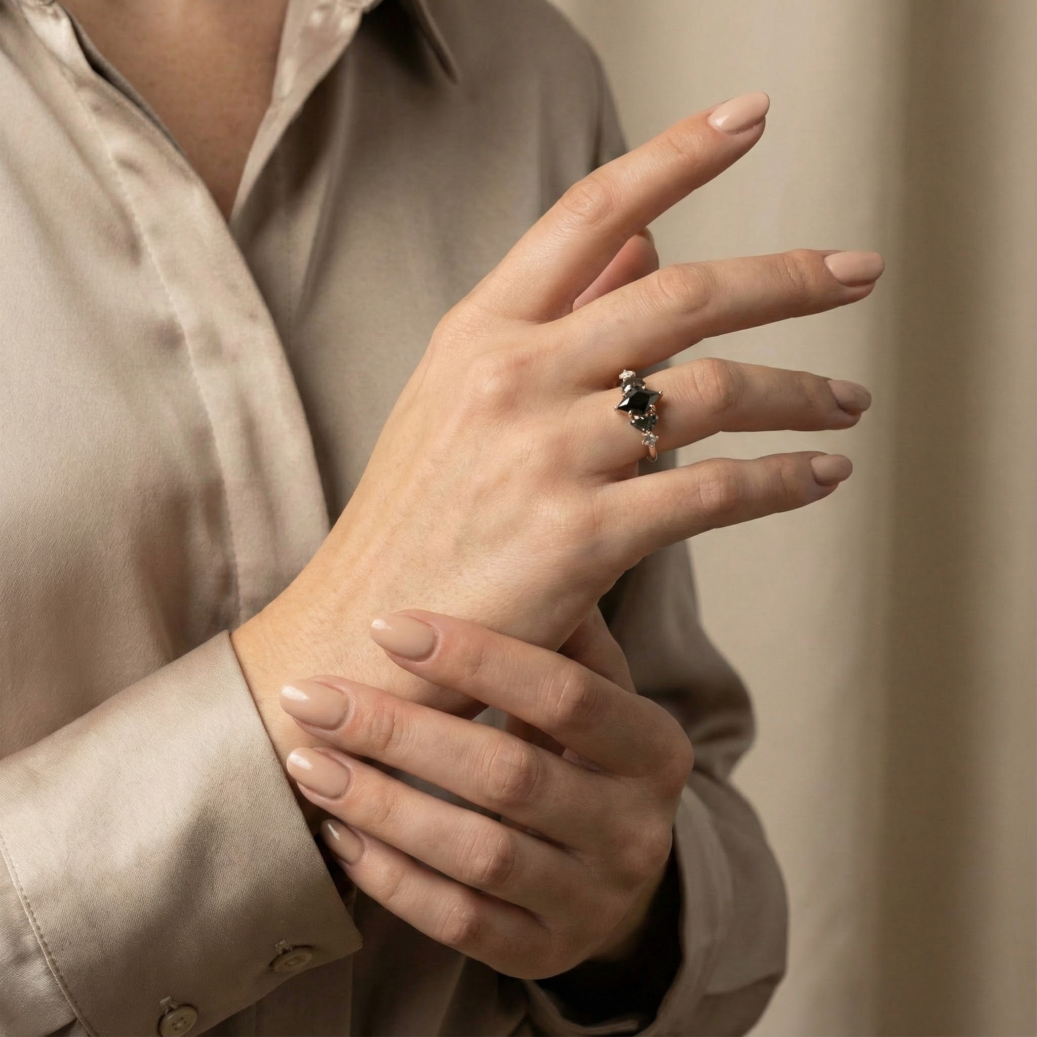 Kite Shape Black Onyx with Moss Agate Unique Ring  Black Onyx Engagement Ring