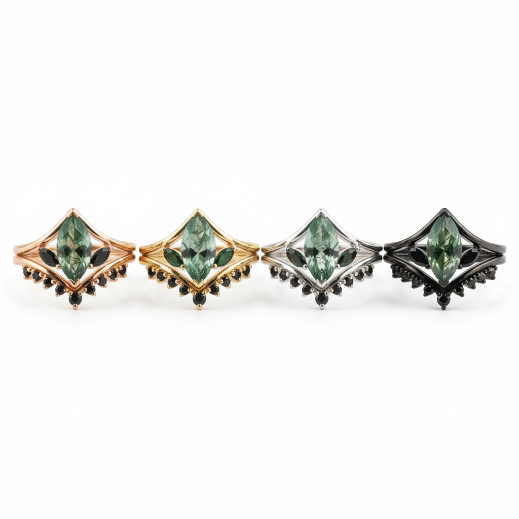 Lifestyle view of Marquise Moss Agate Ring Set in Rose Gold