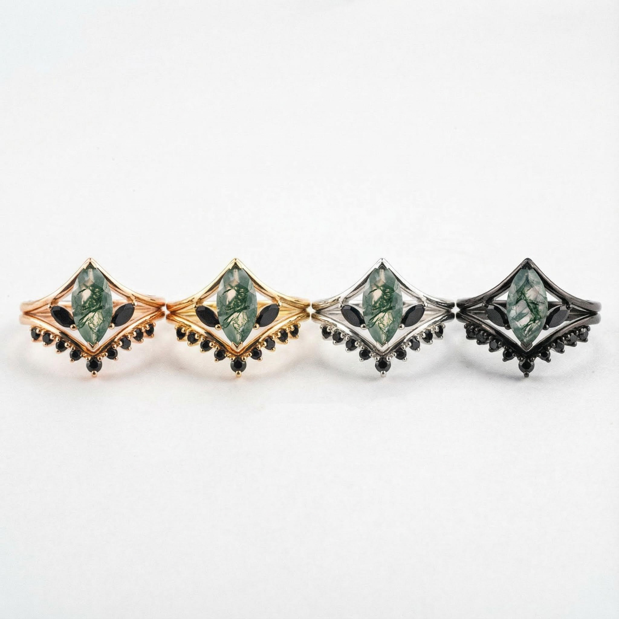 Unique Marquise Cut Moss Agate and Black Onyx Rose Gold Ring Set