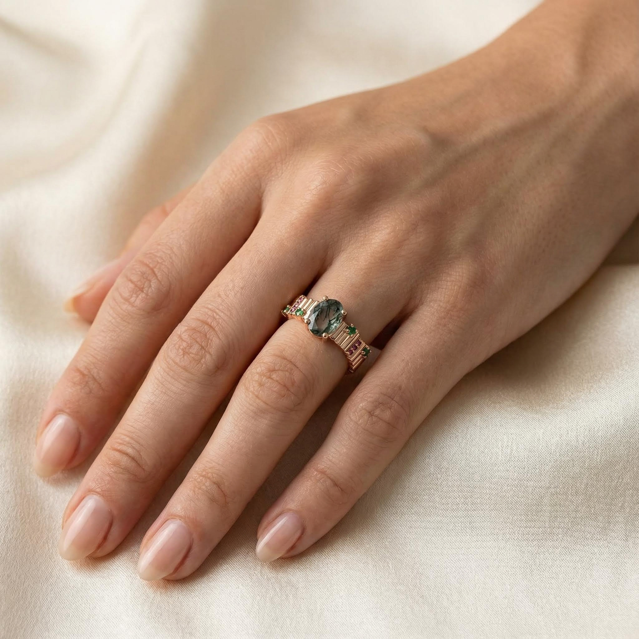 Unique Oval Moss Agate with Red and Green Sapphire Irregular Rose Gold Ring