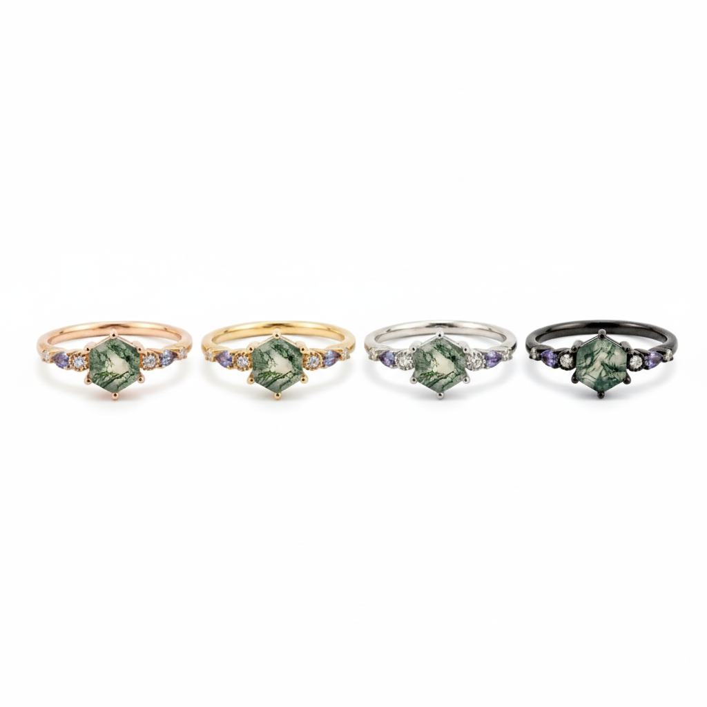 Lifestyle view of Hexagon Moss Agate Engagement Ring in Gold