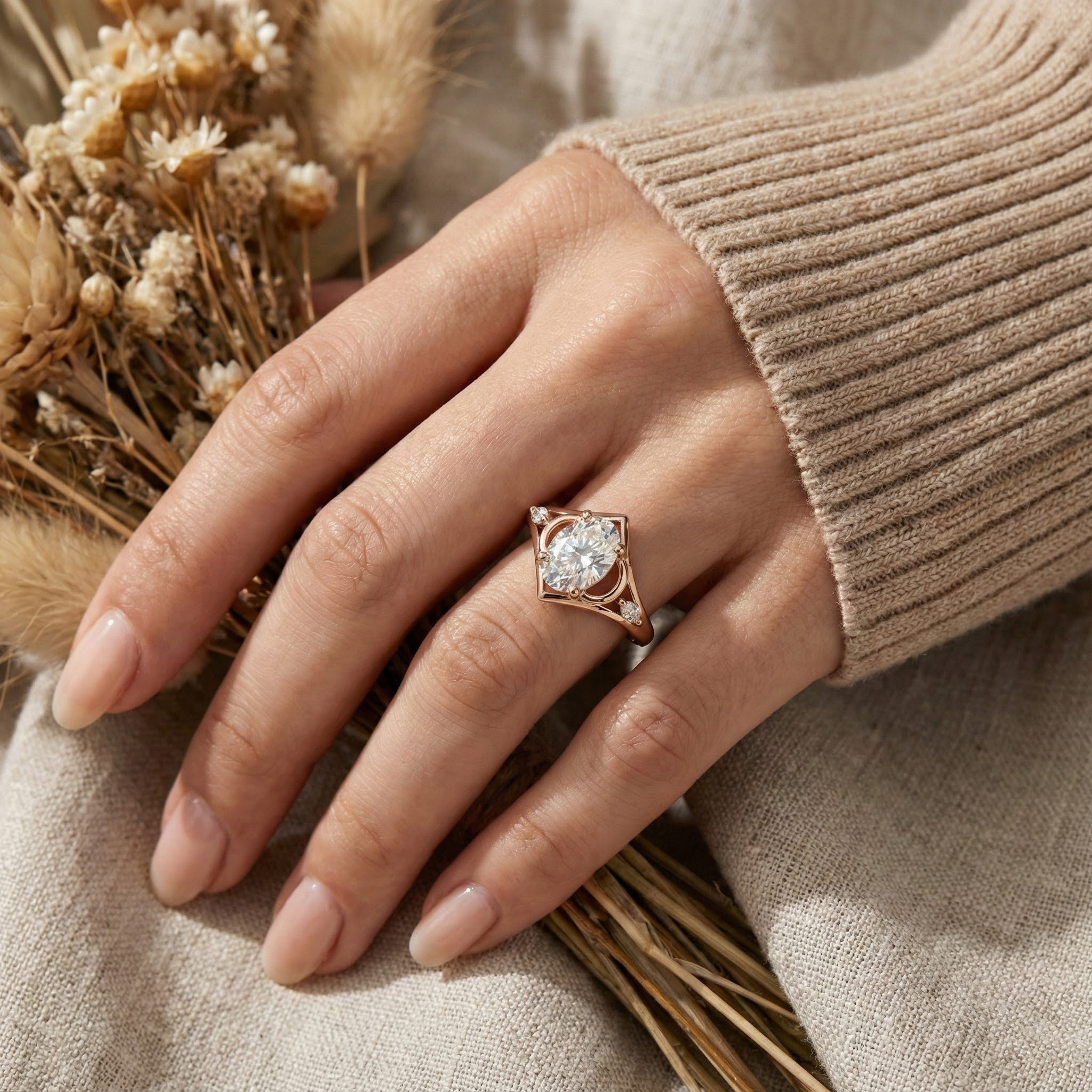 1 Carat Oval Moissanite/Diamond Three Stone Wedding Engagement Ring