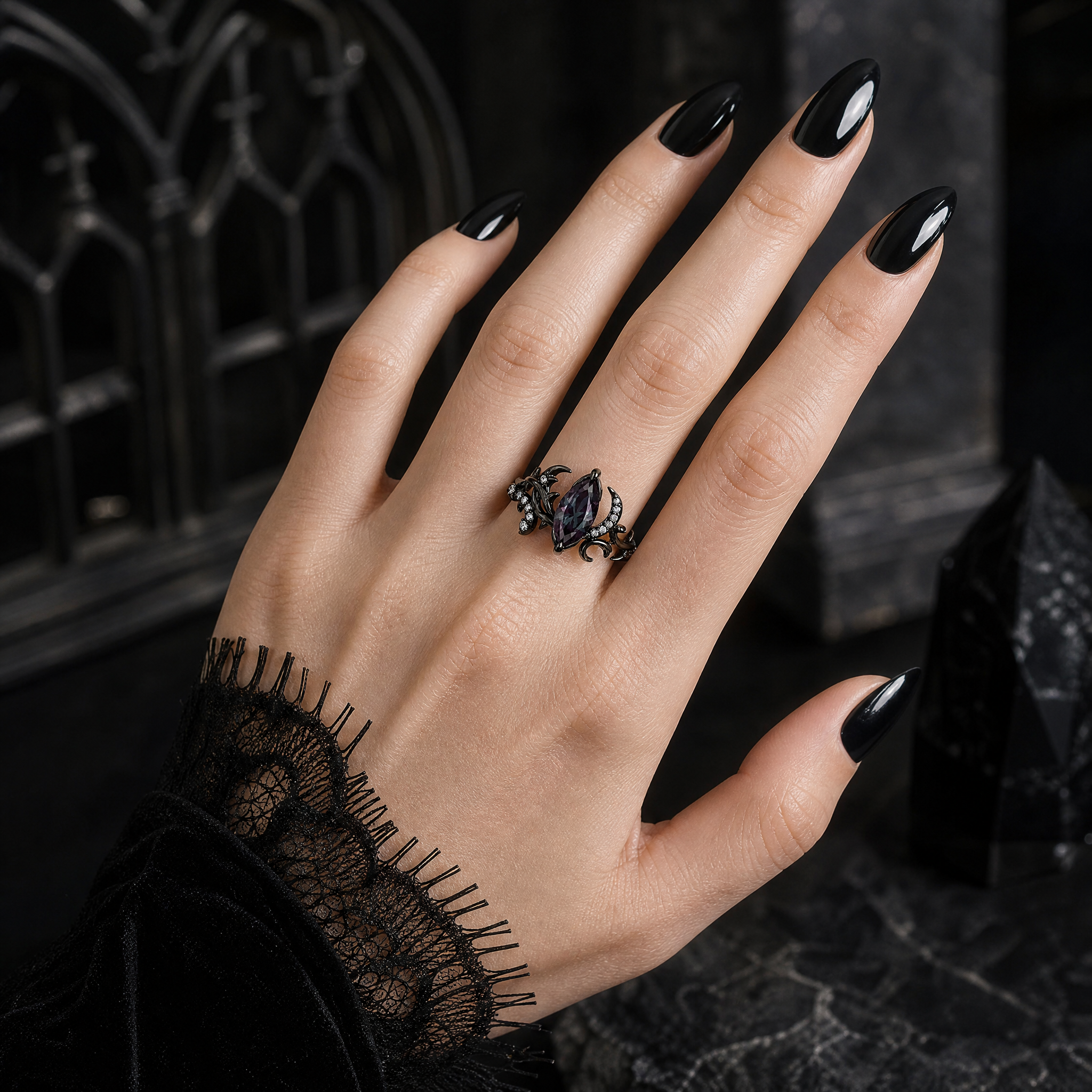 Marquise Alexandrite Gothic Ring with Moissanite Accents