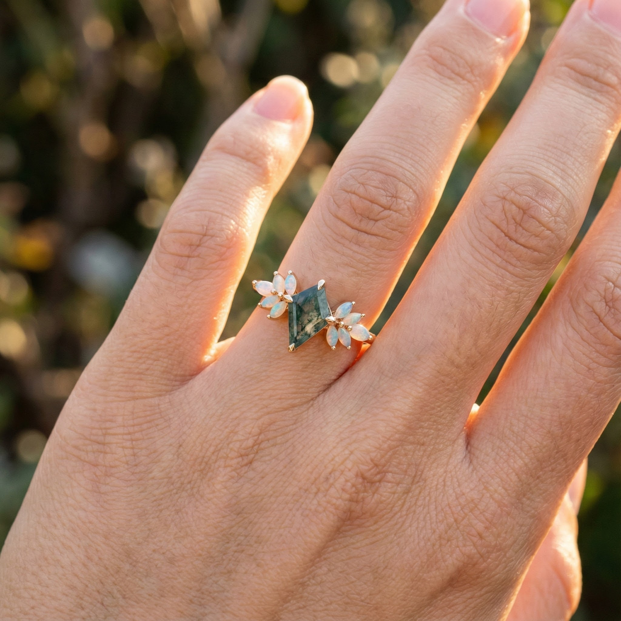 Kite-shaped Moss Agate With Opal Rose Gold Ring Art Deco Ring Opal Engagement Ring