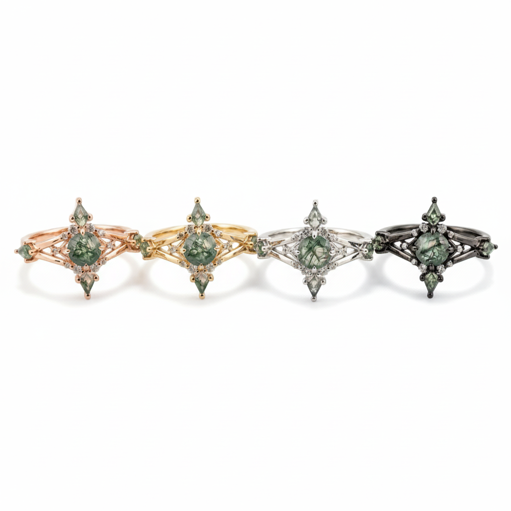 Lifestyle view of Moss Agate Ring in Gold
