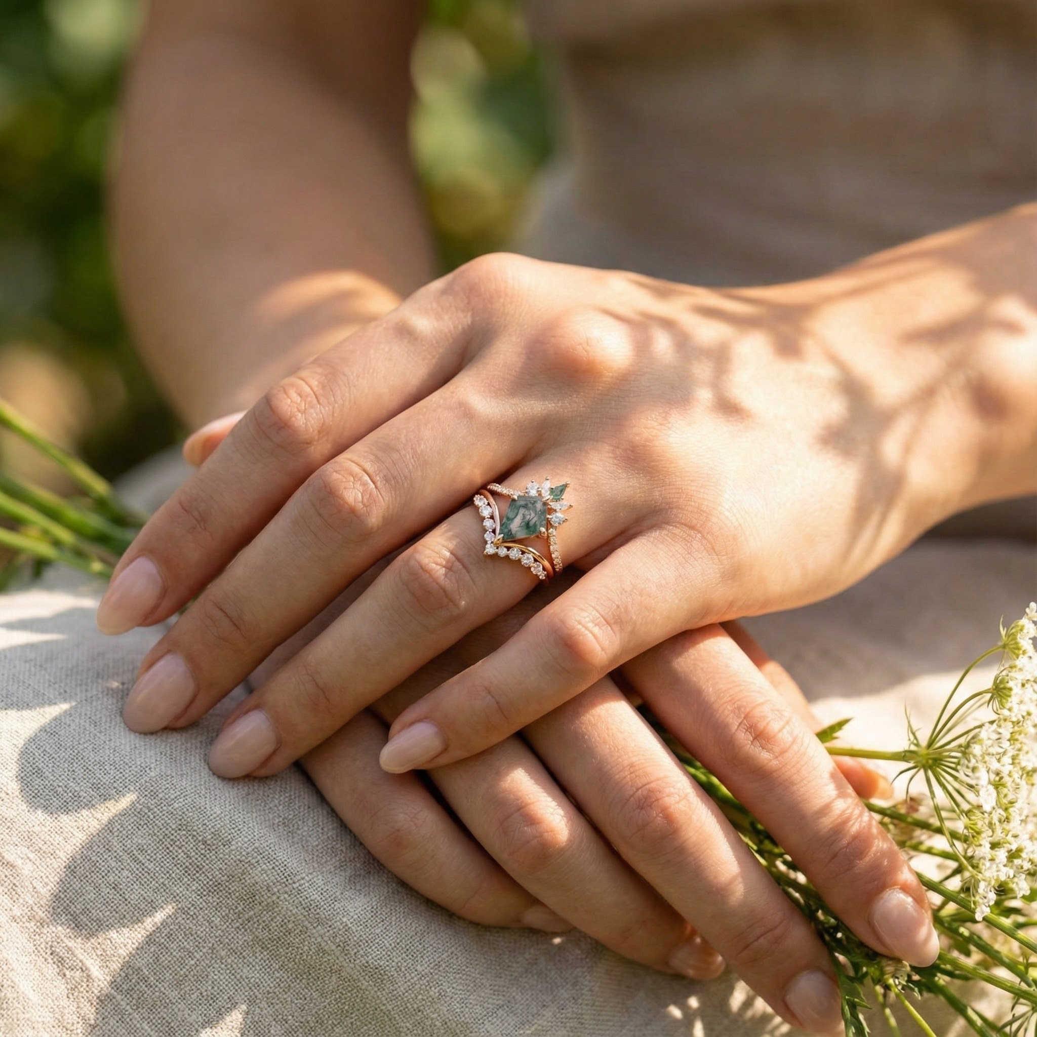Kite Moss Agate Rose Gold Ring - Nature Inspired Gemstone Jewelry