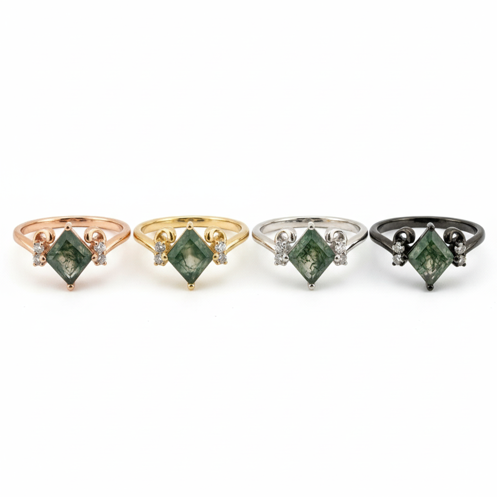 Lifestyle view of Princess Cut Moss Agate Ring in Gold