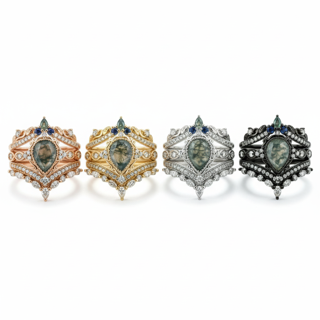 Lifestyle view of Pear Moss Agate Ring Set in Gold