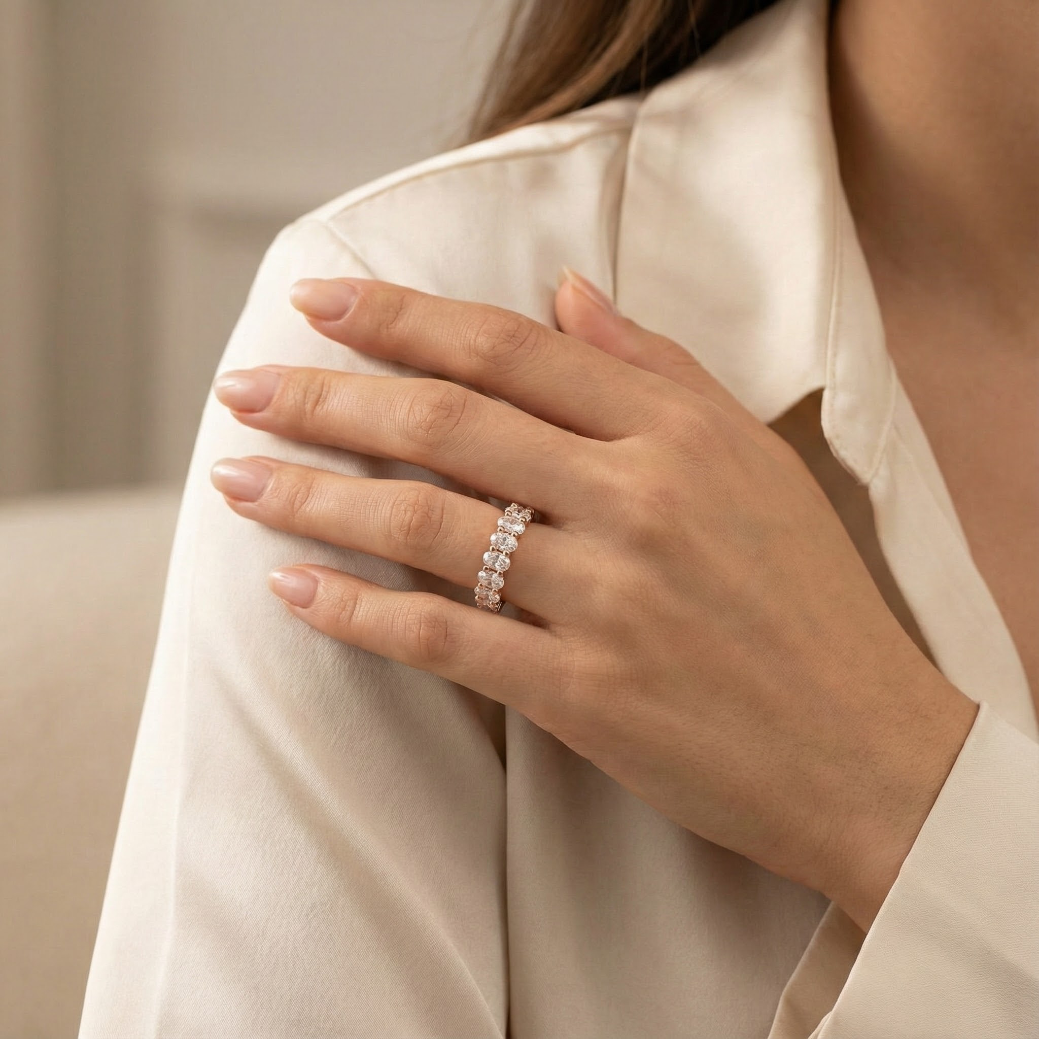 Oval Moissanite Band Wedding Ring - Unique design for sophisticated brides.