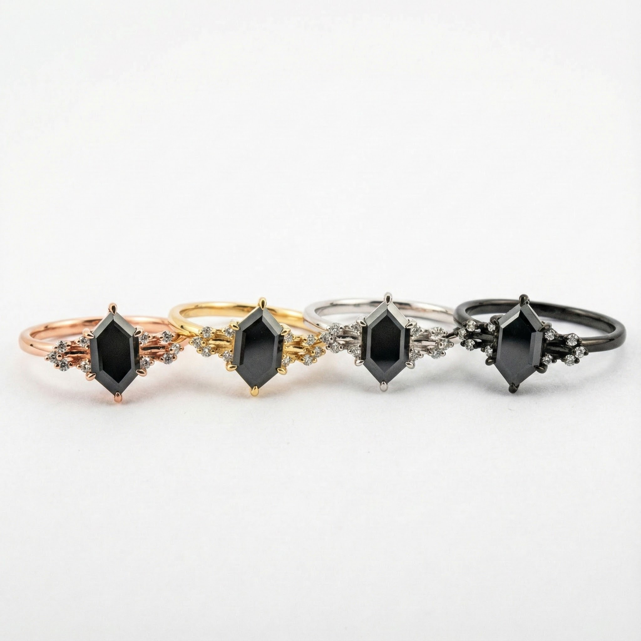 Stunning hexagon black onyx ring for modern engagement with moissanite accent