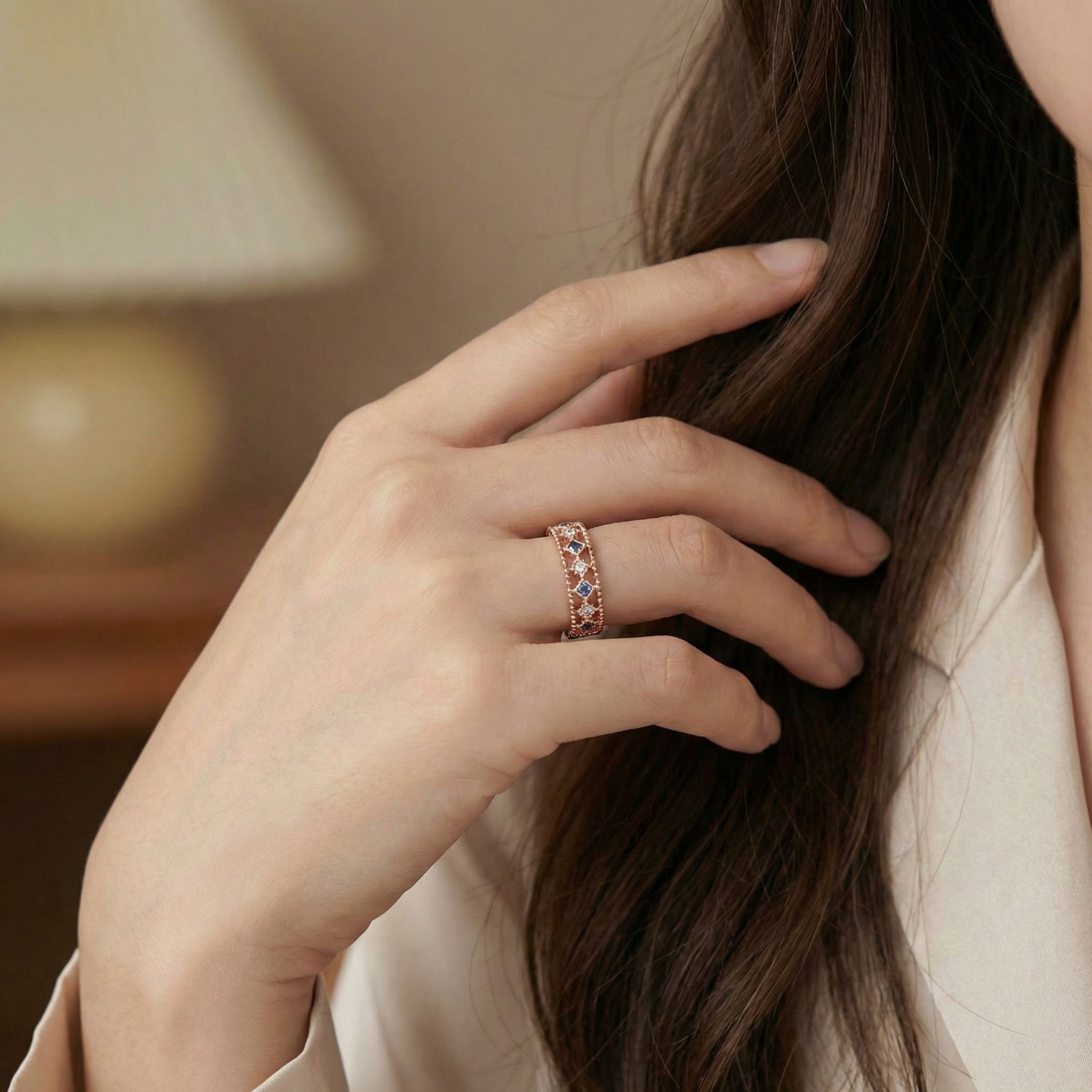 Detailed view of Alexandrite Wedding Band in Rose Gold
