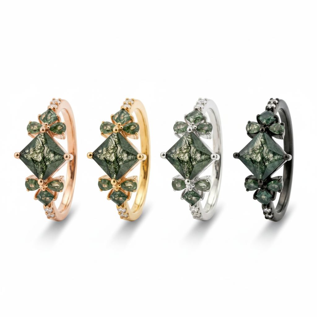 Lifestyle view of Princess Cut Moss Agate Engagement Ring in Gold