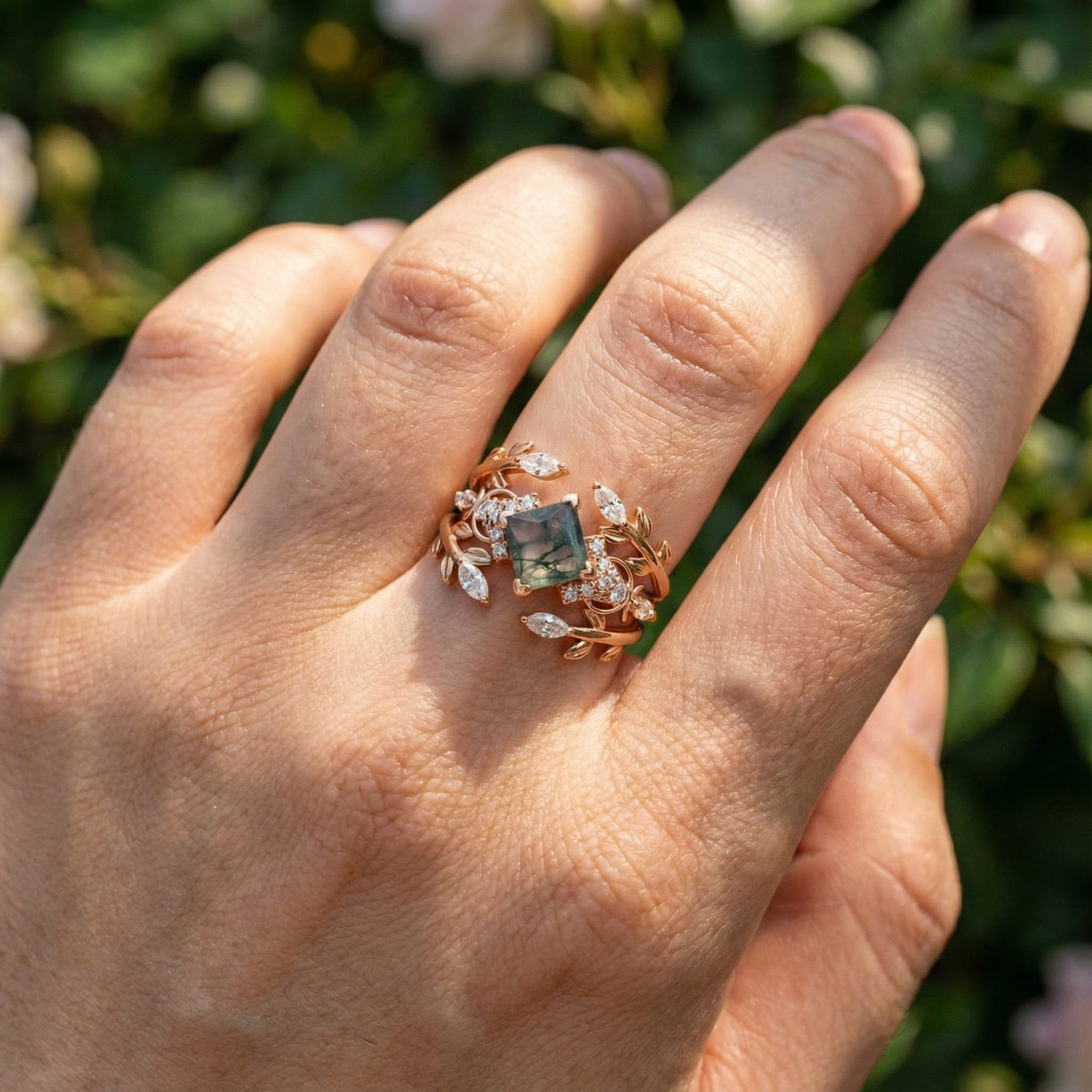 Exquisite princess moss agate ring with luxurious design