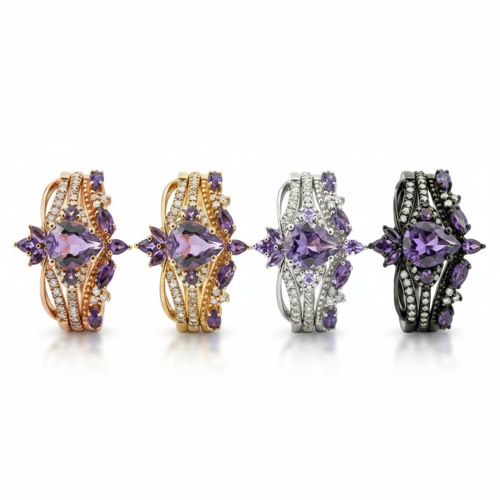 Lifestyle view of Pear Amethyst Ring Set in Gold