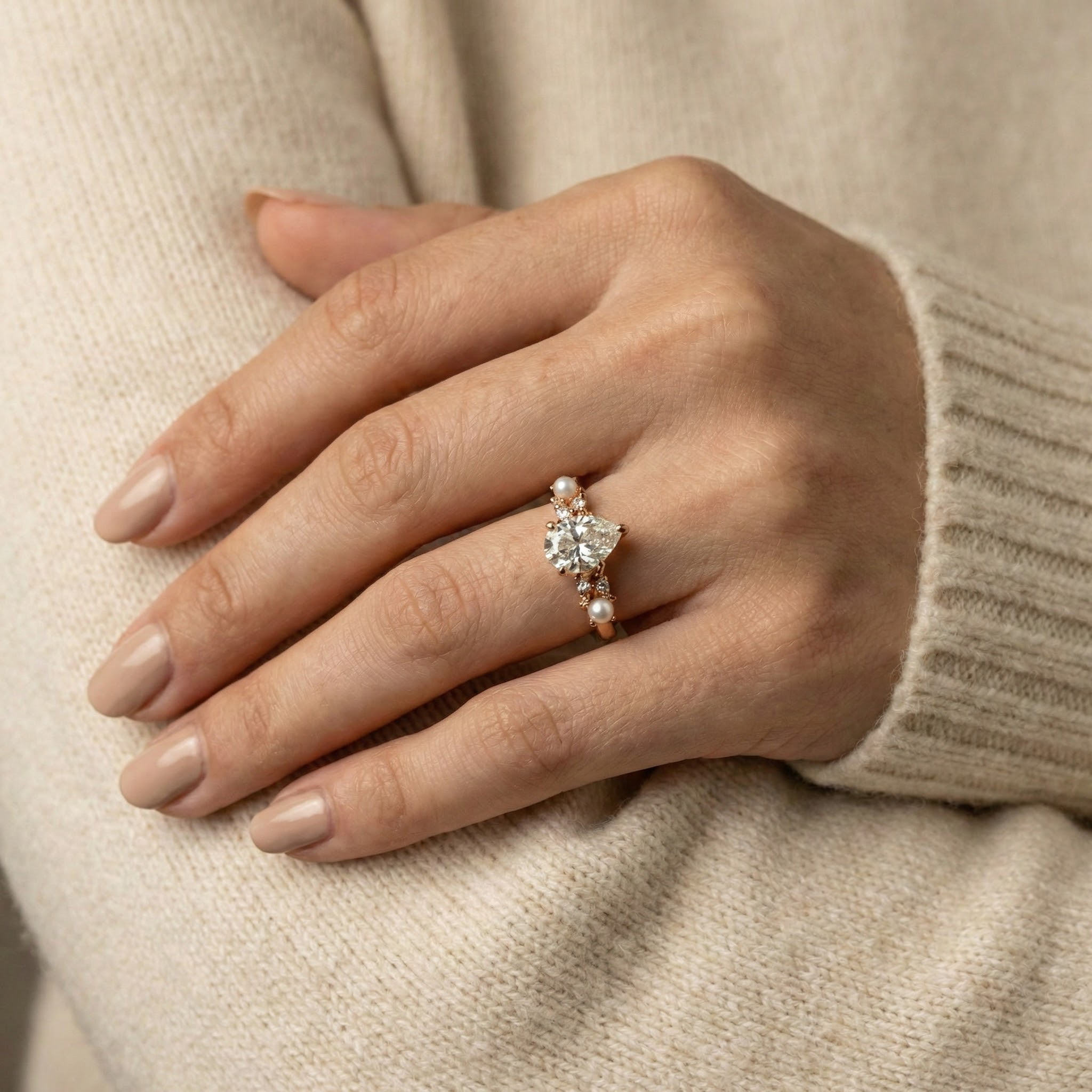 Detailed view of Pear Moissanite Engagement Ring in Gold