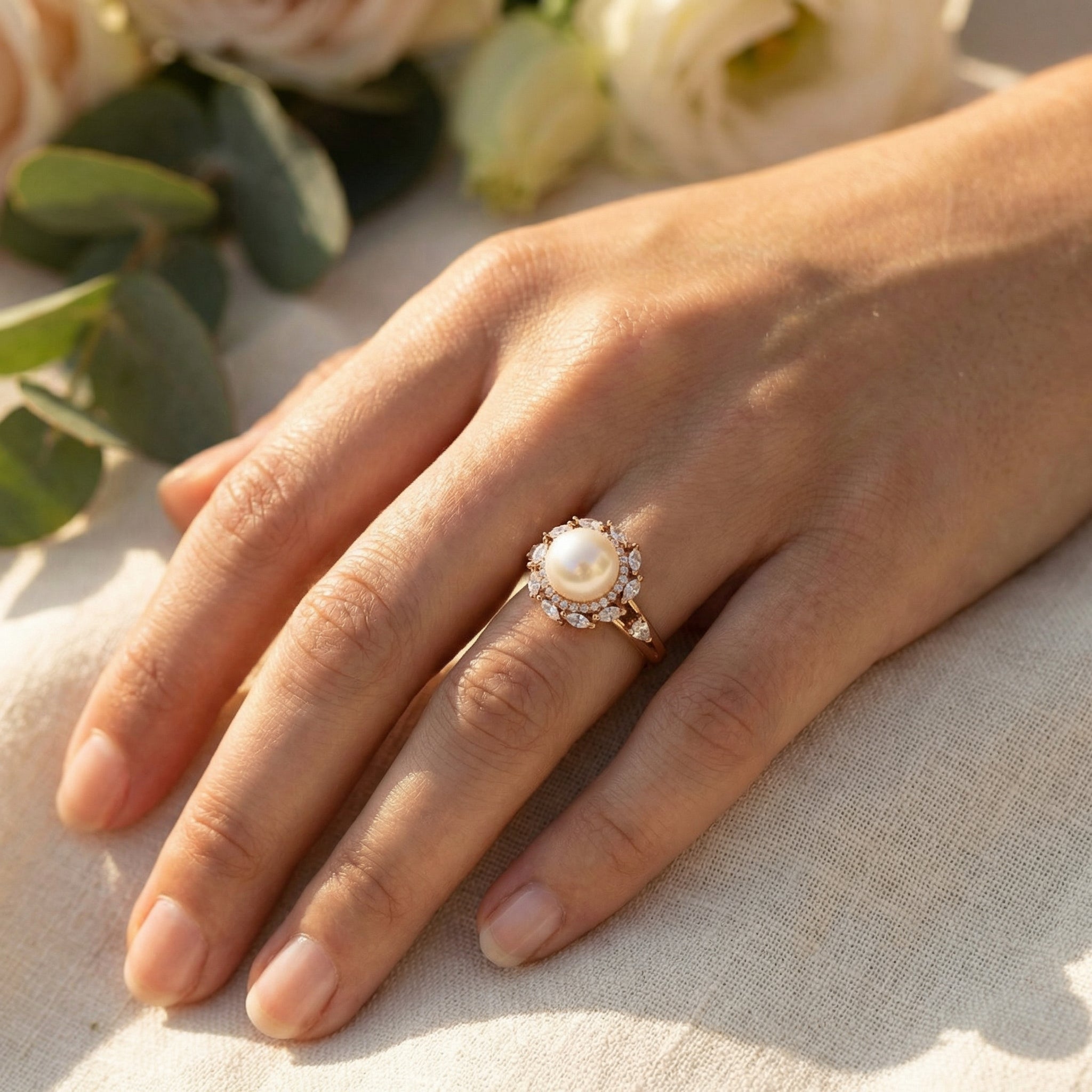 Vintage Pearl Engagement Ring Moissanite.